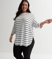 New Look Curves White Stripe Fine Knit 3/4 Sleeve Batwing Top